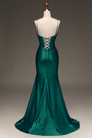 Satin Mermaid Lace-Up Back Dark Green Ball Dress with Corset